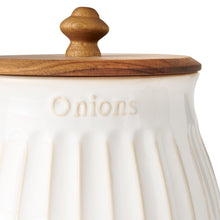 Stoneware onion keeper with ridged body, wooden knob lid, 'Onions' lettering