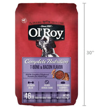 Red O'Roy dry dog food bag with Complete Nutrition T-bone & bacon, height marked