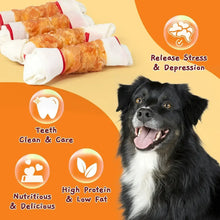 Chicken wrap knotted bone dog chew with white twisted wraps and orange filling