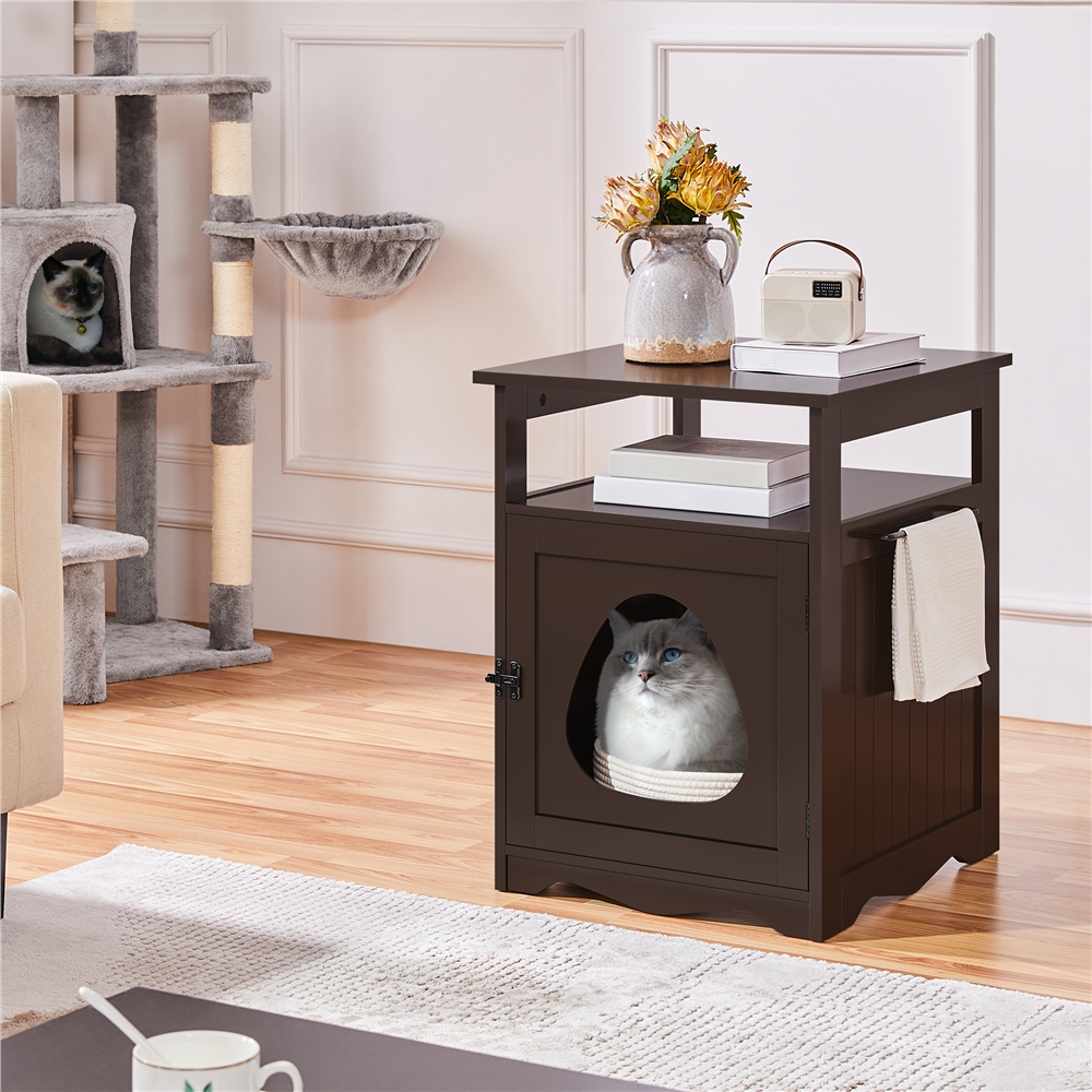 Alden Design Wooden Cat Litter Box End Table Pet Hidden Furniture, Espresso