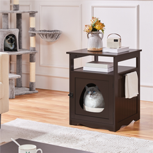 Espresso wooden cat litter box end table with circular entrance door and cat inside