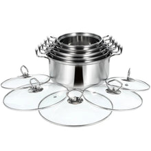 Stainless steel soup pot set with nested pots and five glass lids with handles