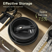 Stackable black skillet and lid set in a round, space-saving storage tray