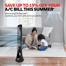 Black tower fan with vertical grille and curved base stand