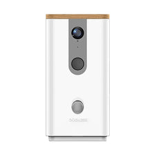 Dogness smart pet treater camera, white with wood top, front lens and speaker
