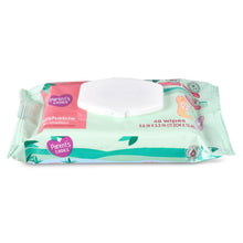 Flushable wipes packet with flip-top lid, teal wrapper with seahorse graphic