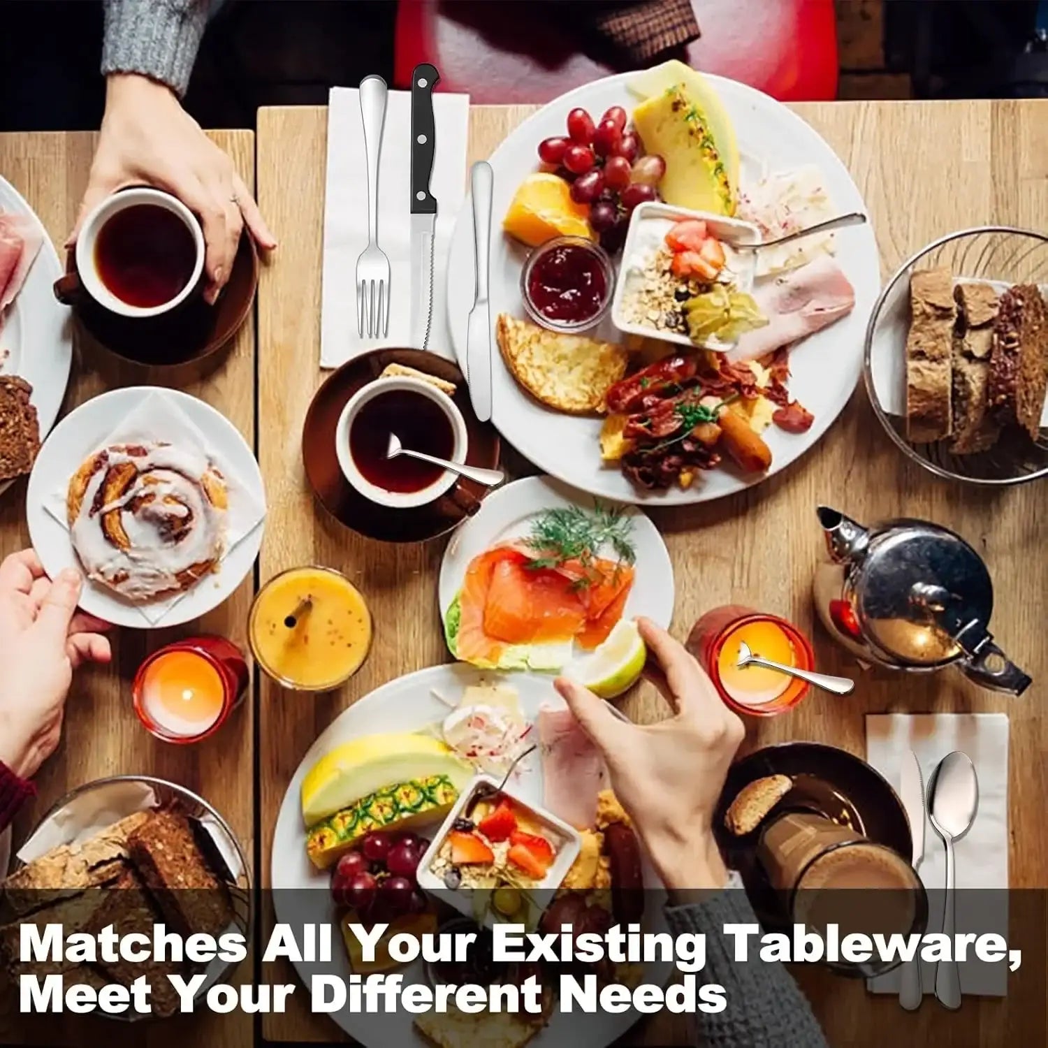 48-Piece Silverware Set with Organizer, Stainless Steel Silverware Flatware Set for 8, Kitchen Utensils with Steak Knives, Mirror Polished Dinner Knife, Forks, Spoons, Tableware Serving Tray