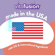 Vitafusion made in the USA card with flag graphic and ingredient info