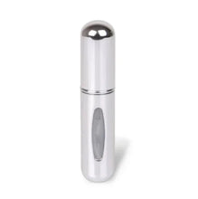 Mini perfume atomizer bottle, shiny silver with spray nozzle cap and translucent window