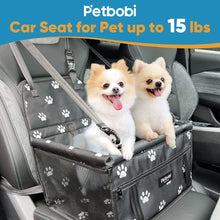 Black paw-print dog car booster seat travel carrier holding two small dogs