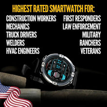 Black rugged smartwatch with round display and textured sport strap