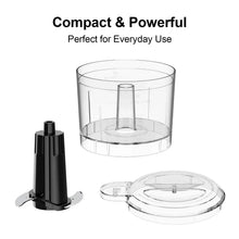 Black electric food chopper with clear bowl and removable blade assembly, compact design