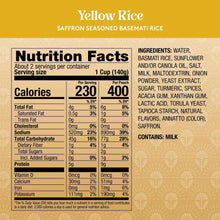 Nutrition Facts panel on yellow rice pouch with calories and serving information