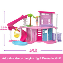 Mini doll house playset with pink slide, blue pool, tree accessory and elevator