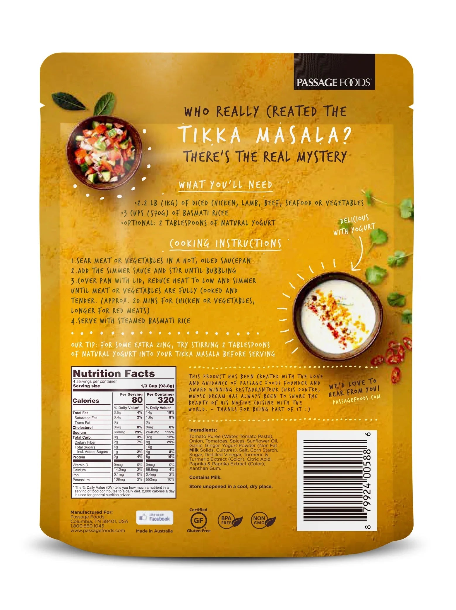 Passage Foods Passage to India Tikka Masala, 13.2 oz, Shelf Stable, Serves 4