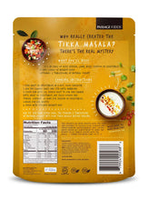 Tikka masala simmer sauce pouch back with nutrition facts and cooking information