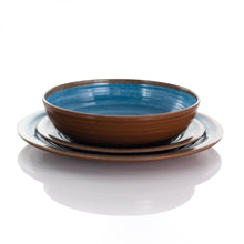Stacked blue and brown rippled melamine bowl and plate set, glossy finish