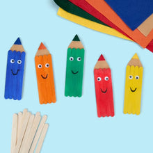Painted wooden craft stick characters in blue, orange, green, red, and yellow.