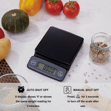 Black digital kitchen scale with blue LCD showing 0.000 and open platform