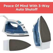 Blue steam iron with nonstick soleplate and anti-drip design