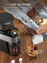 Electric coffee grinder with 2–14 cup selector and measuring cup for grounds