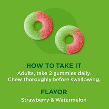 Gummy rings: two strawberry and watermelon flavored gelatin rings on green panel.