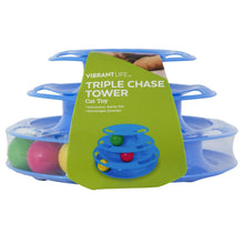Packaged triple chase tower with blue plastic rings and colorful balls inside