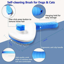 Blue self-cleaning pet comb brush with ergonomic anti-slip handle and press-button release