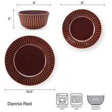 Red stoneware bowl and plate size diagram, ribbed fan-style rim