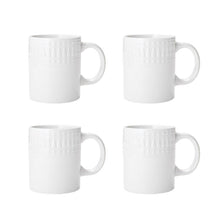 White porcelain mugs with textured sides and handle, four-mug view