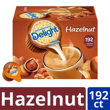 Hazelnut creamer singles box showing 192 count and International Delight logo