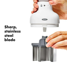 White food chopper with stainless-steel blade assembly shown
