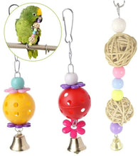 Hanging bird bell swing with spherical bead charms and rope perch