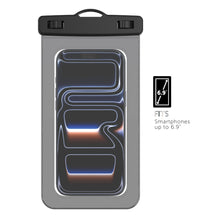 Waterproof phone pouch with clear front window and black top closure, phone fit area shown
