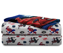Spider-Man kids microfiber sheet set folded, showing white and blue patterned layers