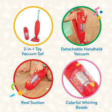 2-in-1 toy vacuum set with detachable red handheld unit and teal floor nozzle