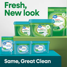 Dishwasher pacs containers set with teal lids and green tubs, fresh scent graphic