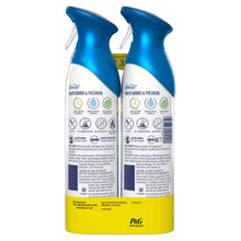 Febreze air mist spray bottles showing ingredient and use information labels