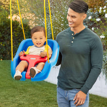 Blue high-back swing with yellow ropes; child seated with red front bar
