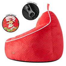 Red kids bean bag chair with cartoon back panel and zipper seam along the side
