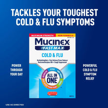 Mucinex Fast-Max Cold & Flu caplets box with red caplets, 20 count