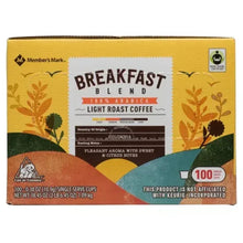 Coffee single-serve cup box front with Breakfast Blend light roast and 100 count