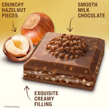 Milk chocolate bar with hazelnut pieces filling, shown with hazelnuts