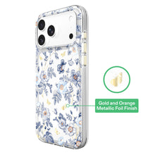 Clear phone case with blue floral toile pattern and gold/orange metallic foil accents