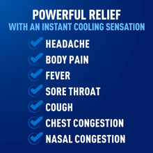 Blue promotional panel listing cold & flu symptom relief categories