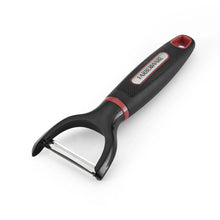 Y-peeler with black handle and stainless steel peeling blade, angled view