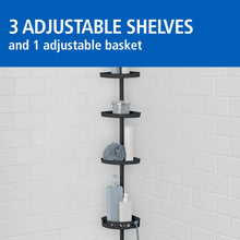 4-tier shower caddy on pole with three adjustable shelves and one basket