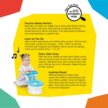 Potty training system instruction panel with toddler using blue potty and activity notes