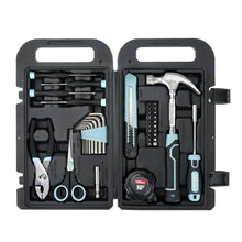 Hyper Tough tool kit case open with hammer, screwdriver, bit holder, pliers, and tape measure