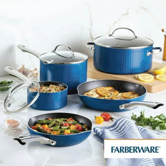 Farberware Style 10 Pcs Nonstick Cookware Set with Cooking Tools, Dishwasher Safe and Oven Safe to 500°F, Blue